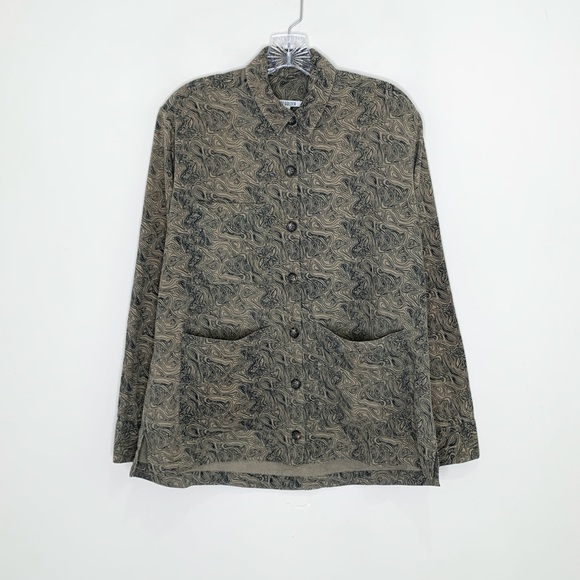Ali Golden Raw Silk Chore Jacket (Sz S) Taupe Map Topographic Print Shacket